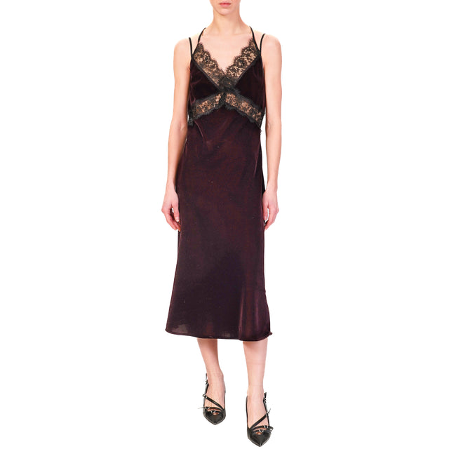 Vicolo-Double fabric dress with lace - wine