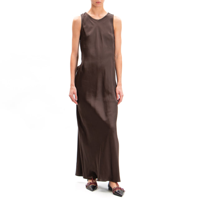 Vicolo-Satin Sleeveless Dress - Dark Brown