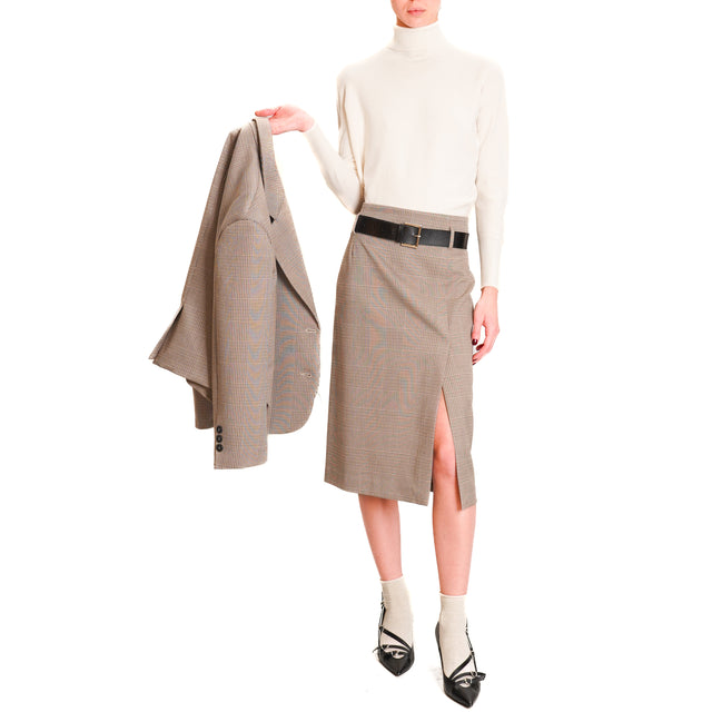 Vicolo-Prince of Wales Skirt with Slit - Beige/Dark Brown