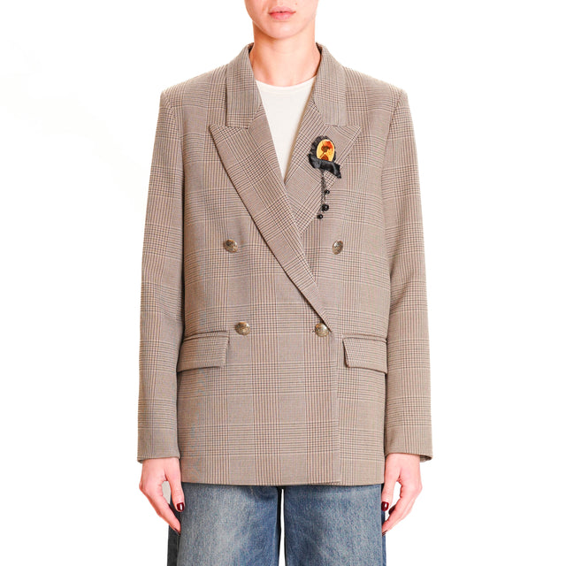 Vicolo-Double-breasted Prince of Wales Jacket - Beige/Dark Brown