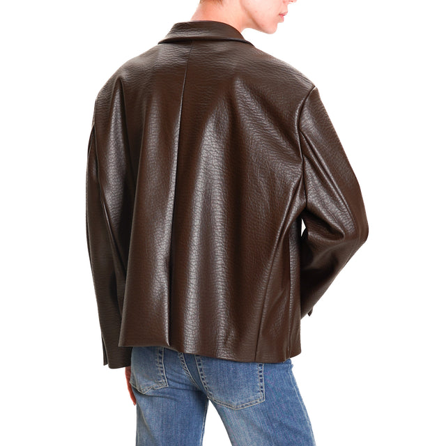 Vicolo-2 Button Faux Leather Jacket - Dark Brown