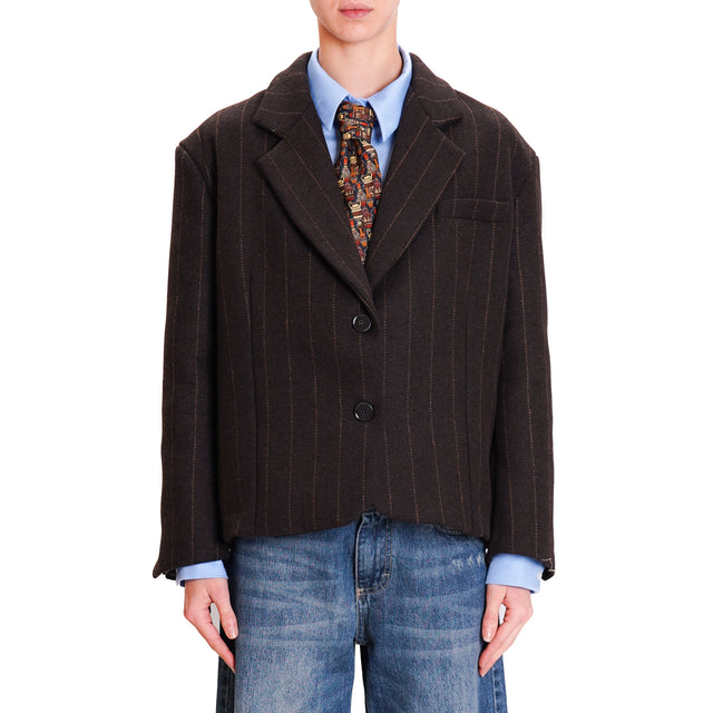 Vicolo-2 Button Herringbone Jacket - Dark Brown/Leather