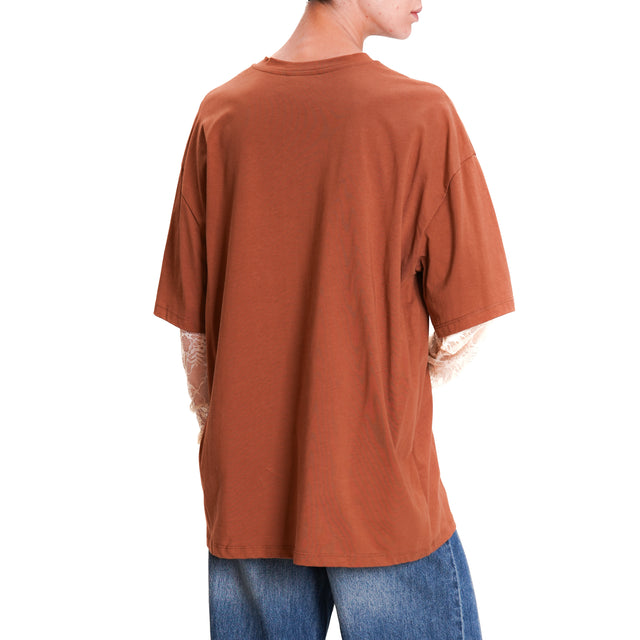 Vicolo-T-shirt over lace sleeve - leather/sand