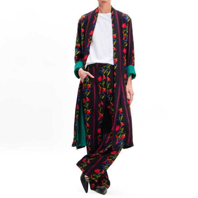 Wu'side-Flower Print Kimono with Pockets - Black/Red/Olive