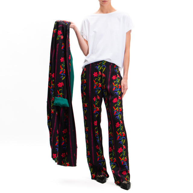 Wu'side-Floral Patterned Pants with Elastic Back - Black/Red/Olive