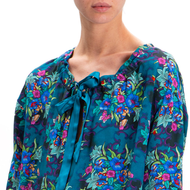 Wu'side-Blusa fantasia floreale - ottanio/acqua/royal