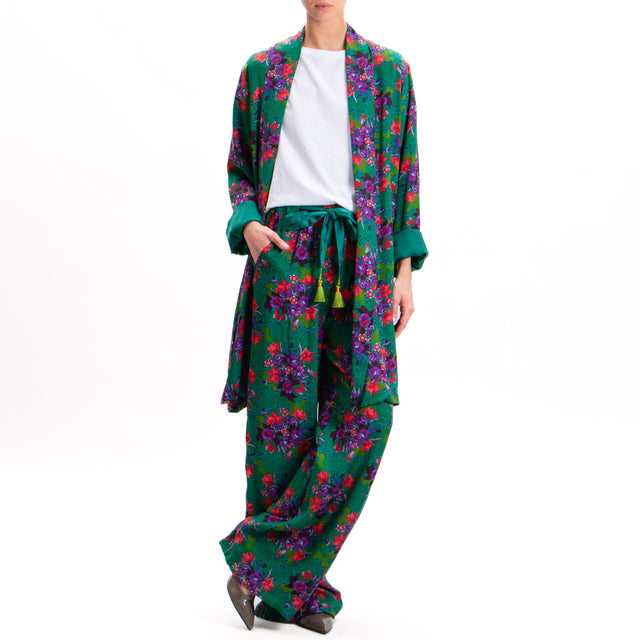 Wu'side-Floral Patterned Trousers - Green/Red/Mauve