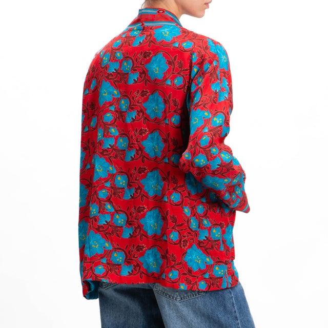 Wu'side-Floral Print Kimono with Pockets - Red/Teal