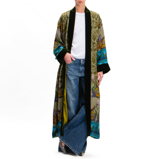 Wu'side-Fantasy Kimono with Velvet Edges - Sage/Military/Royal