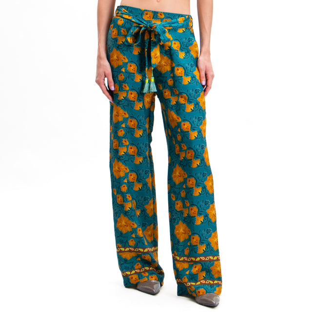 Wu'side-Floral Patterned Trousers - Teal/Mustard