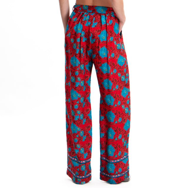 Wu'side-Pantalone fantasia floreale - rosso/ottanio