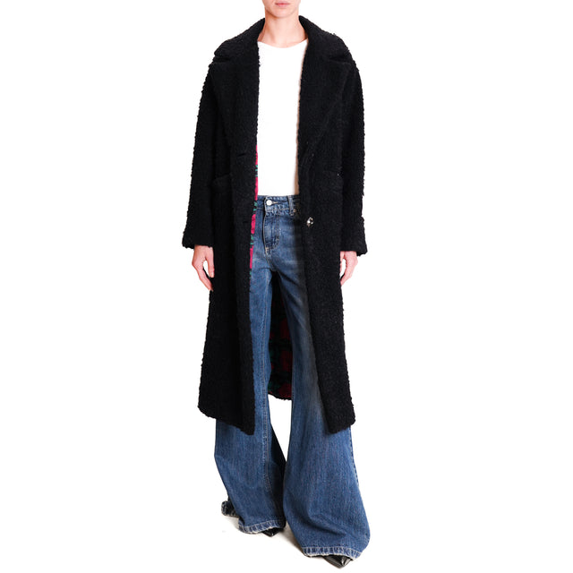 Wu'side-Bouclé coat with jewel buttons - black