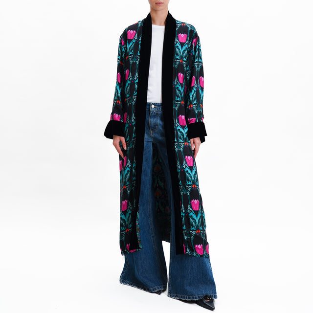 Wu'side-Kimono fantasia double face - nero/fucsia/turchese