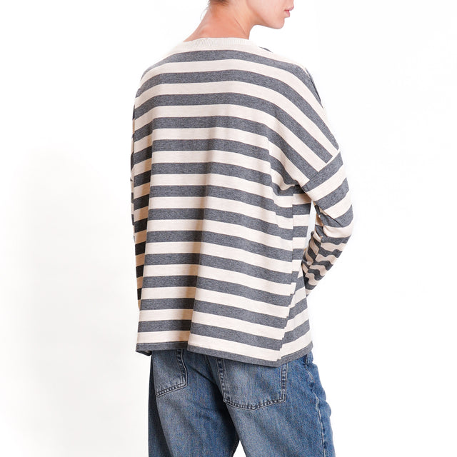 Zeroassoluto-T-shirt striped crew neck lurex - grey melange/beige