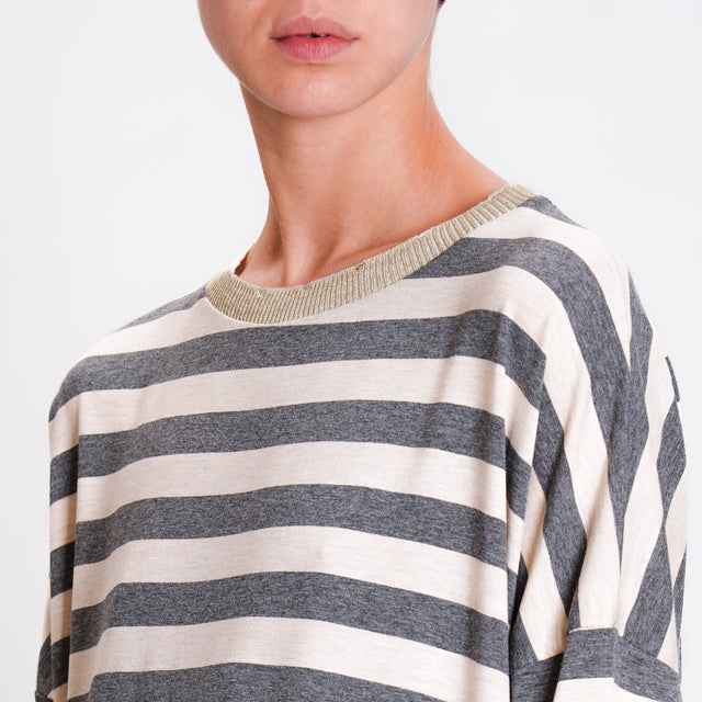 Zeroassoluto-T-shirt striped crew neck lurex - grey melange/beige