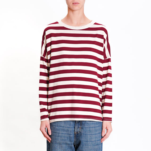 Zeroassoluto-Lurex crew-neck striped T-shirt - wine/beige