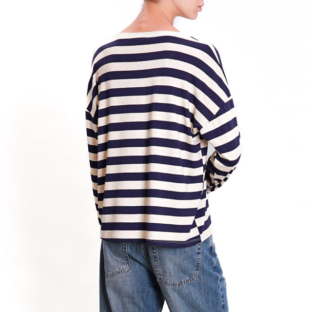 Zeroassoluto-V-neck lurex striped T-shirt - blue/beige