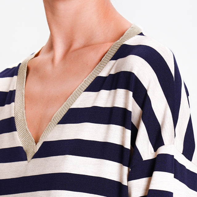 Zeroassoluto-V-neck lurex striped T-shirt - blue/beige