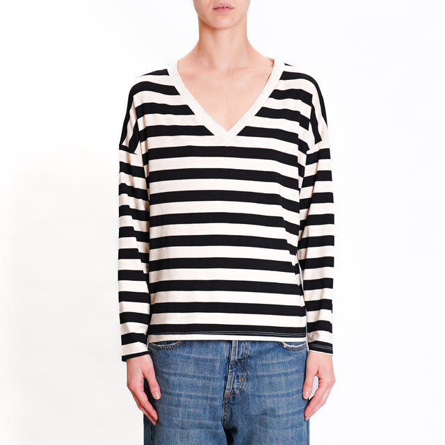 Zeroassoluto-V-neck lurex striped T-shirt - black/beige