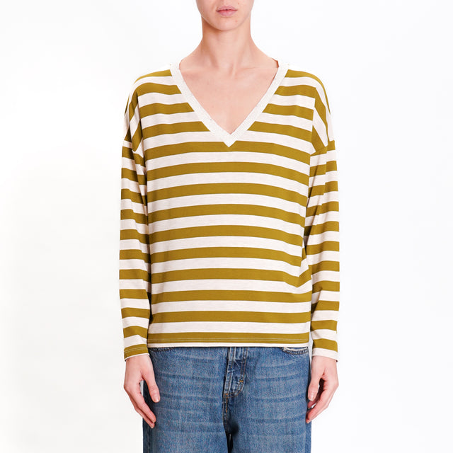 Zeroassoluto-T-shirt striped v-neck lurex - oil/beige