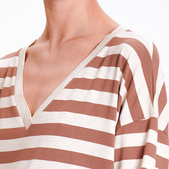 Zeroassoluto-T-shirt striped v-neck lurex - tobacco/beige