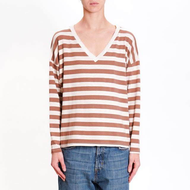 Zeroassoluto-T-shirt righe scollo v lurex - tabacco/beige