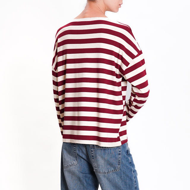 Zeroassoluto-T-shirt striped v-neck lurex - wine/beige