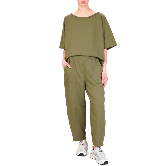 Zeroassoluto-Pantalone mom fit felpa light elastico in vita - militare