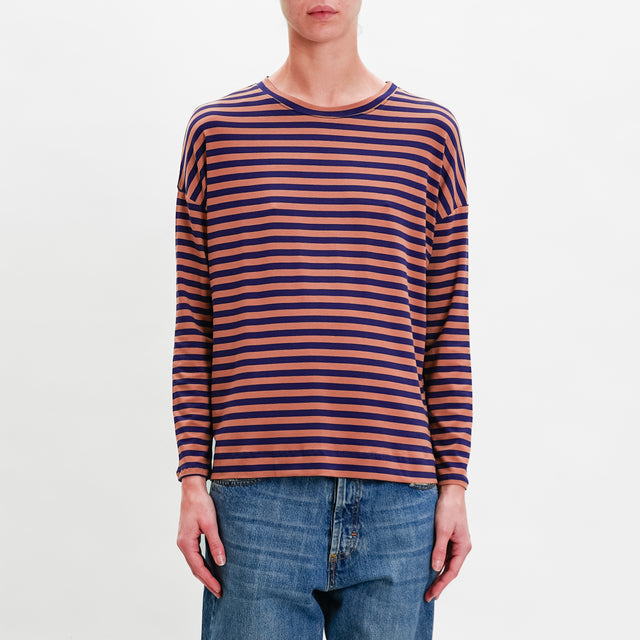 Zeroassoluto-T-shirt striped box jersey - blue/tan