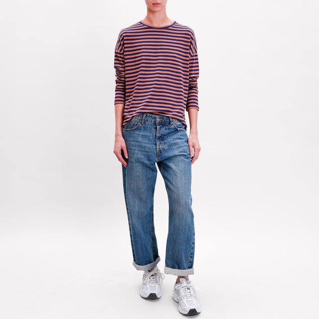 Zeroassoluto-T-shirt striped box jersey - blue/tan