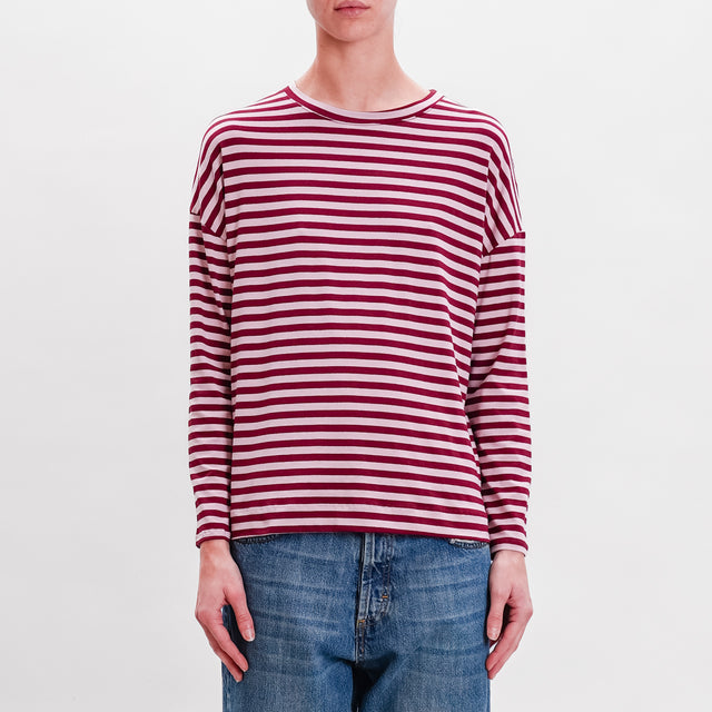 Zeroassoluto-Jersey Box Striped T-Shirt - Wine/Pink