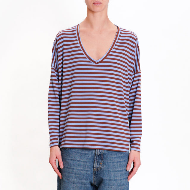 Zeroassoluto-V-neck striped jersey T-shirt - light blue/tan