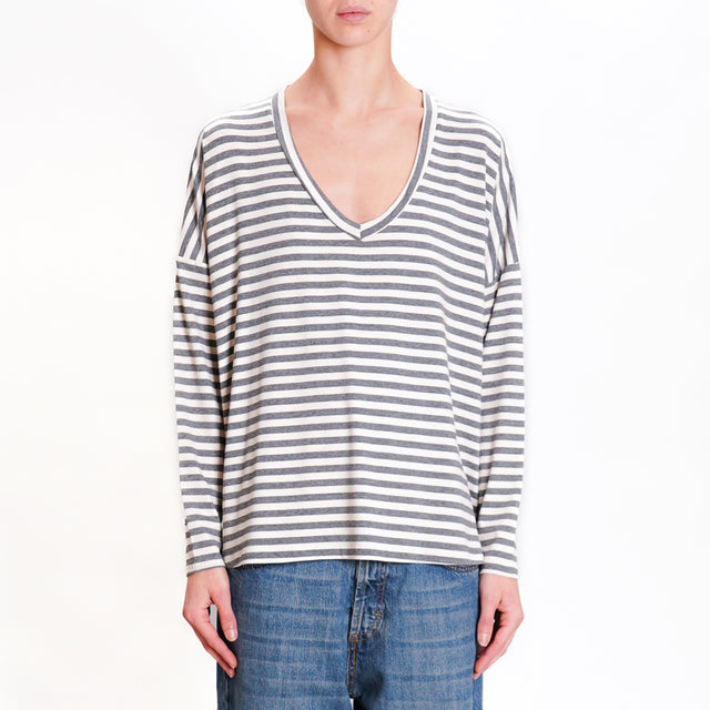 Zeroassoluto-V-neck striped jersey T-shirt - off white/grey melange