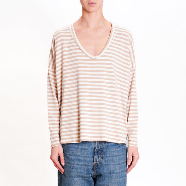 Zeroassoluto-V-neck striped jersey T-shirt - off white/sand