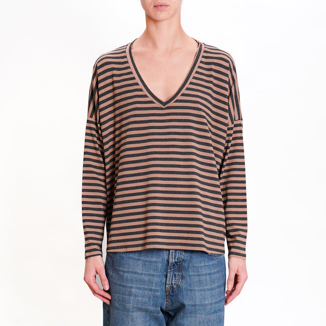 Zeroassoluto-V-neck striped jersey T-shirt - barley/anthracite