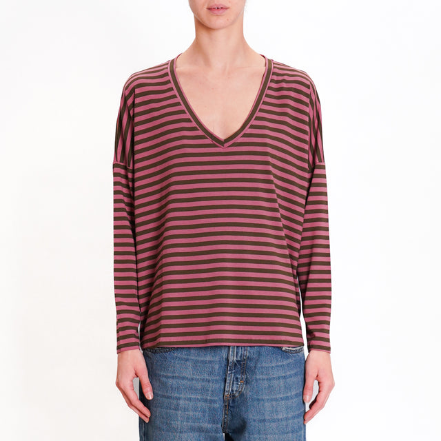 Zeroassoluto-V-neck striped jersey T-shirt - rose/military