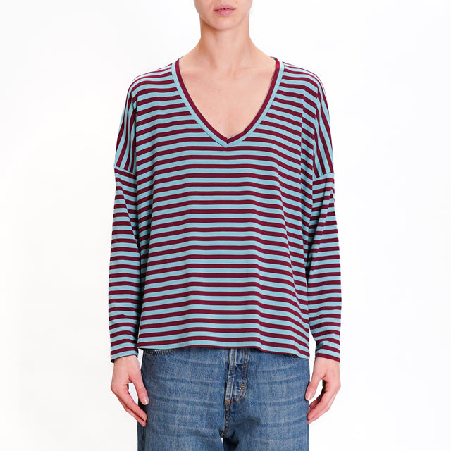 Zeroassoluto-V-neck striped jersey T-shirt - wine/water