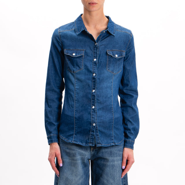 Zeroassoluto-Slim fit light stretch denim shirt - dark denim