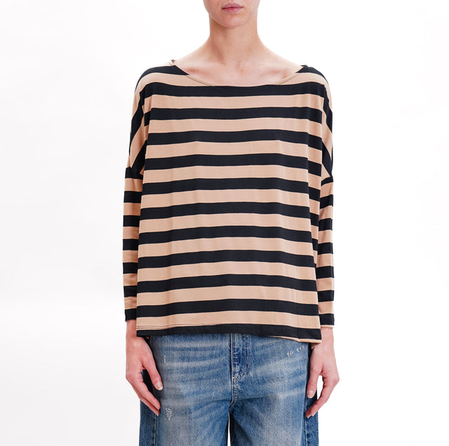 Zeroassoluto-T-shirt CLIO riga larga in jersey - sand/nero