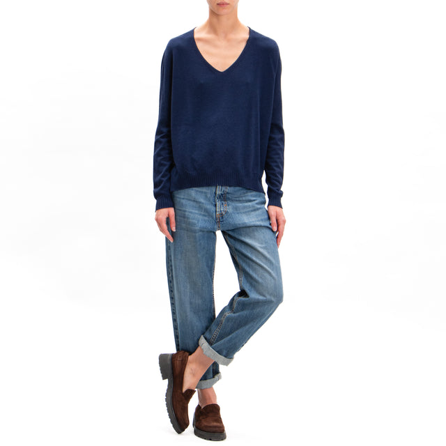 Zeroassoluto-V-neck sweater with side slits - blue