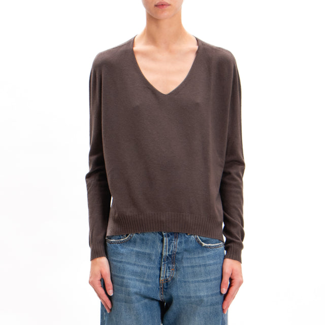 Zeroassoluto-V-neck sweater with side slits - dark brown