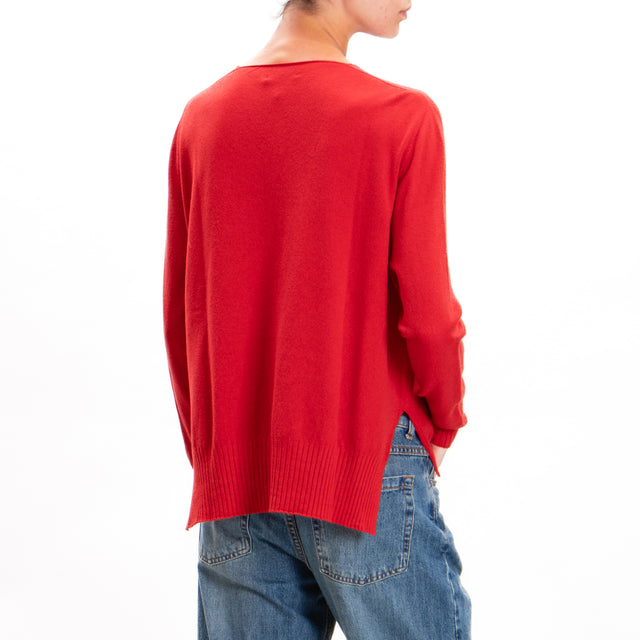 Zeroassoluto-V-neck sweater with side slits - red