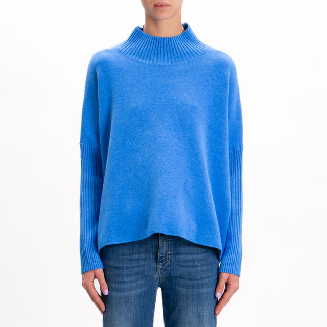 Zeroassoluto-Ribbed collar and sleeve knit sweater - light blue