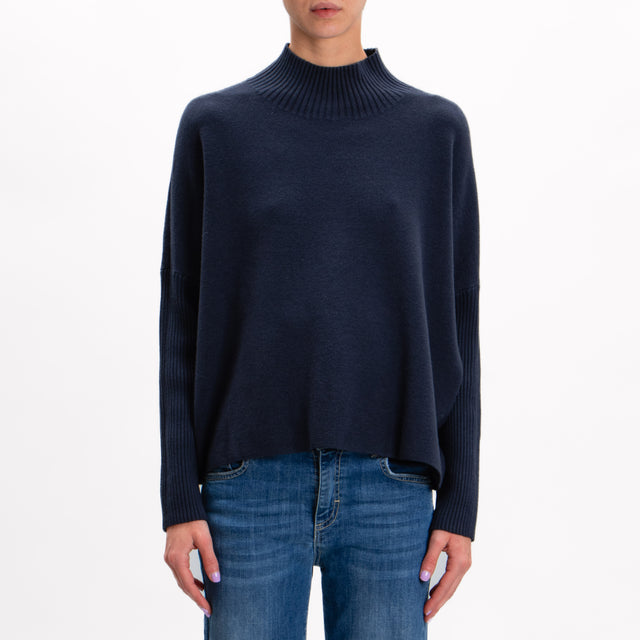 Zeroassoluto-Ribbed sleeve fitted collar sweater - blue