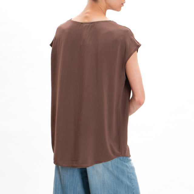 Haveone-Blusa smanicata in viscosa - cioccolato