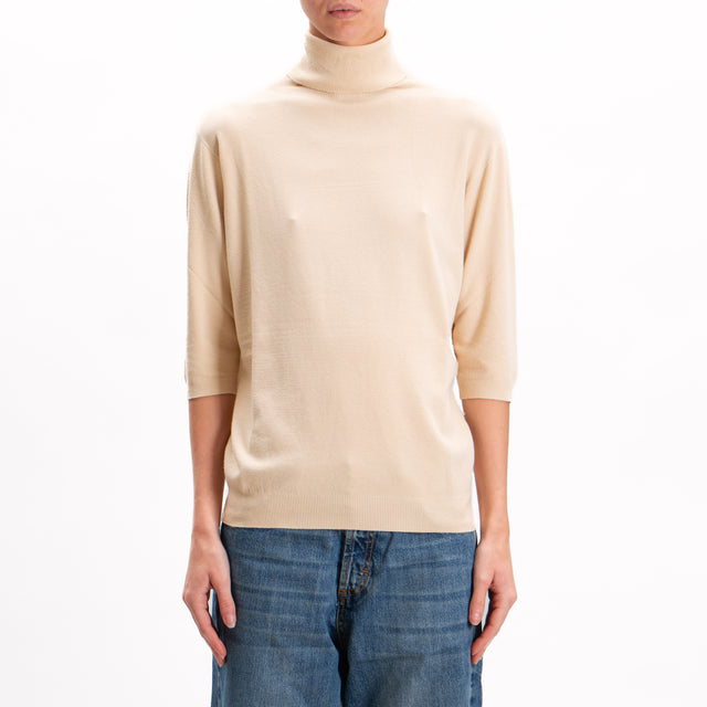 Kontatto-High neck short sleeve sweater - beige