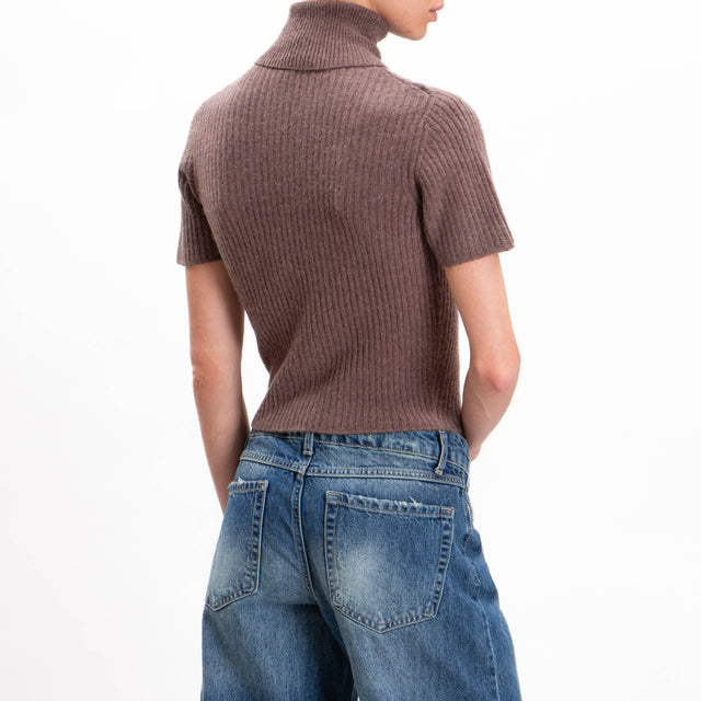 Kontatto-Ribbed turtleneck short sleeve sweater - coffee