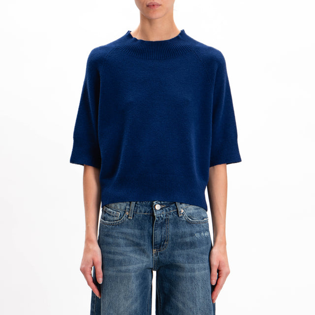 Kontatto-Short Sleeve Mounted Collar Sweater - Indigo