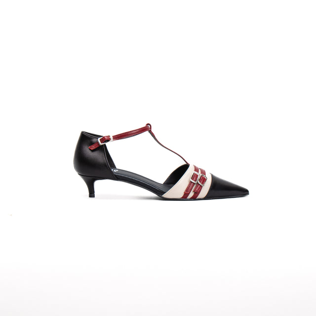 Ovye'-3 Colors Low Heel Shoe with T-bar - Black/Tofu/Red