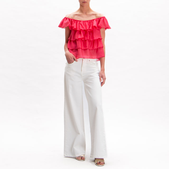 Tensione in-Blusa mussola rouches balze - fragola